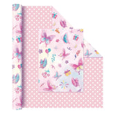 Butterfly Wrapping Paper Roll - 1 Roll 17” X 33 Ft Butterfly Fairy Wrapping Paper Pink Purple Flower Gift Packing For Kids Girls Birthday Baby Shower Bridal Shower Decor Reversible Polka Dot