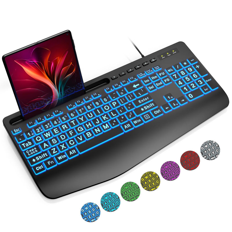 Large Print Backlit Keyboard, Wired Usb Lighted Computer Keyboards With 7-Colo