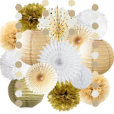 White Gold Party Decorations Tissue Pom Poms Paper Lanterns Hanging Paper Fan Honeycomb Christmas Wedding Engagement Bachelorette Neutral Birthday Baby Bridal Shower Decoration
