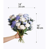 Blue And White Artificial Flowers Arrangement, Lifelike Faux Silk Roses & Scabiosa Bouquet Centerpiece For Home, Coastal Farmhouse Decor & Wedding
