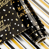 Reversible Black Birthday Wrapping Paper Roll For Boys Men, Happy Birthday Lettering & Stripe Pattern With Metallic Gold Foil In Black, Mini Roll, 17 Inches X 9.8 Feet