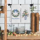 Coquette Bow Chinoiserie Christmas Tree Kitchen Towels, Grandmillennial Xmas Wreath Dish Tea Towels For Kitchen, Blue And Pink Xmas Decorative Hand Towel For Bathroom, 16X24 Inch Set Of 2