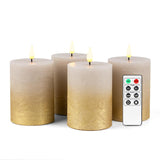 Flameless Led Pillar Candles With Timer For Wreath, Battery Operated Rustic Wax Candles With Remote For Christmas, 8 Batteries Included - Set Of 4 (D 3" X H 4") - Sand Grey/Gold