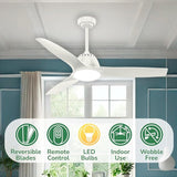 52 Inch White Ceiling Fan with LED Light and Remote Quiet 3 Blade Indoor Fan