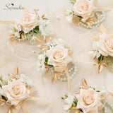 6Pcs Champagne Wrist Corsage For Wedding, Artificial Flowers Roses Wrist Corsage For Prom Homecoming Party Accessories For Bride Bridesmaids, Mother Of Bride And Groom