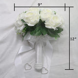 Wedding Bouquets For Bride, White Bridal Bridesmaid Wedding Flowers With Silk Ribbon And Rhinestones, Artificial Toss Rose For Civil Ceremony
