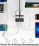 25W GaN Power Strip 4 Outlets 4 USB Ports 2 USB C 5FT Flat Plug Charging Station Black