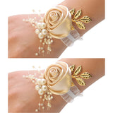 Wrist Corsage 2Pcs Satin Roses Hand Flower Champagne Wedding Bridal Corsage Bridesmaid Wrist Flowers Elastic Wristband For Wedding Prom Party Homecoming Graduation Dancing