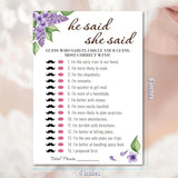 Bridal Shower Party Game Cards - He Said She Said For Wedding Engagement Bachelorette - Romantic Modern Simple Elegant - 30 Pcs 5X7 Inch Ready To Play Instant Fun Purple White Lilac