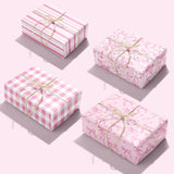 Pink Wrapping Paper Sheet - 8 Sheets Folded Flat Gift Wrap With Cute Ribbon Bow, Pink Plaid, Stripes And Leaves Design For Girl Baby Shower, Birthday, Wedding - 20 X 28 Inch Per Sheet