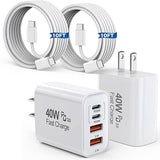 2 Pack 40W USB C Fast Charger with 10FT USB C Cable 4 Port PD Wall Charger for iPhone 17 16 15 iPad