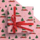 Giolainy Red Car Christmas Wrapping Paper For Kids Men Women - Pink Holiday Gift Wrap With Christmas Trees & Red Car - 4 Sheets (28 X 40 Inches), Easy To Store