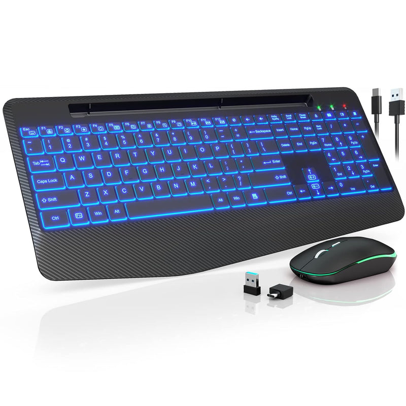 Wireless Keyboard And Mouse With 7 Colored Backlits, Wrist Rest, Phone Holder