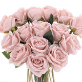 15Pcs Pink Roses Artificial Flowers Fake Roses Long Stem Velet Rose Silk Flowers For Home Wedding Decoration (Round Roses,Pale Pink)