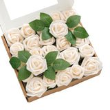 Artificial Wedding Flowers 1.5" Rose Buds And 2" Petite Roses 25Pcs Cream W/Stem For Diy Wedding Boutonniere Wrist Corsages Bouquets Centerpieces Arrangements