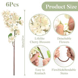 Artificial Cherry Blossom Branches 6Pcs Fake Flowers Artificial Faux Silk Flowers Plum Tree Blossom Fake Plants Arrangement For Spring Diy Home Wedding Table Office Vase Decor (White)