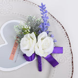 Wrist Corsage And Boutonniere Set Artificial Flowers Accessories For Groom Bride Groomsmen Bridesmaids Wedding Party Prom Suit - Purple White 2 Pieces