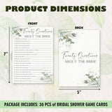 Greenery Wedding Shower Games, 20 Questions About The Bride, 30 Elegant Bridal Shower Activity For Bachelorette Engagement Party Supplies Favors- B04