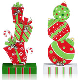 2 Pcs Christmas Table Decorations 5.9 Inch Wooden Xmas Centerpieces Red Green Gifts Box And Ball Ornaments Shape Christmas Signs Tabletop With Bells For Table Shelf Fireplace Holiday