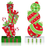 2 Pcs Christmas Table Decorations 5.9 Inch Wooden Xmas Centerpieces Red Green Gifts Box And Ball Ornaments Shape Christmas Signs Tabletop With Bells For Table Shelf Fireplace Holiday