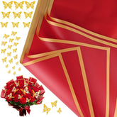 20 Sheets Flower Bouquet Wrapping Paper With 12 Pieces Gold Butterfly Decorations For Flower Bouquets, Gift Wrapping(Red)