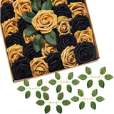 Black And Gold Flowers Artificial Roses For Centerpieces, 50Pcs Fake Flowers For Wedding Decorations Bouquets Bride Shower Centerpieces Home Decor Arrangements Party