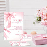 Baby Shower Diaper Raffle Game Set - Pink Bow 1 Standing Sign & 50 Diaper Raffel Tickets - Baby Announcement, Gender Reveal Party Activities & Decorations For Girls - A05
