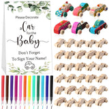 Baby Shower Game Sign Kit Includes 32 Unfinished Wooden Car Blocks, 12 Markers, And A Prize Decoration Sign For Baby Shower(Leaf)