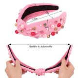 Valentine'S Day Headband For Women Girls Hot Pink Pearl Rhinestone Hairband Love Heart Knotted Headbands Crystal Jeweled Wide Top Knot Headpiece Valentines Hair Accessories Party Holiday Gifts