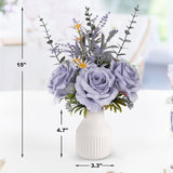 Artificial Flowers In Vase, Silk Roses Flowers Artificial Eucalyptus Lavenders Small Daisies And Fake Plants In White Ceramic Vase, Rustic Farmhouse Floral Arrangements Décor, Plants For Living Room