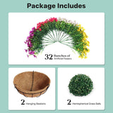 2 Set Outdoor Artificial Hanging Baskets, 32 Pcs Artificial Flowers Hanging Planters For Spring Summer Front Porch Patio Yard Garden Home Decor (Purple, Yellow, Hot Pink, Creamy White)