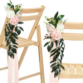 16 Pcs Wedding Aisle Decorations For Wedding Ceremony Pew Artificial Flowers Rose For Church Chair Back Floral With Eucalyptus Leaves And Ribbons Ceremony Party Decor(Pink, Beige)