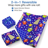 Reversible Space Wrapping Paper Roll, Mini Roll, Cartoon Outer Space, Colorful Alien & White Star Design, Blue Birthday Gift Wrap Paper For Kids Boys, Outer Space Party, 17 Inches X 16.4 Feet