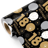 18Th Birthday Wrapping Paper Roll - Mini Roll - 17 Inch X 16.5 Feet - Black Gold Balloon 18 Happy Birthday Wrapping Paper For Boys Girls Teenager
