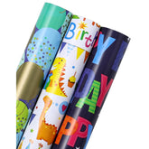 Dinosaur Birthday Wrapping Paper Roll - Mini Roll - 3 Rolls - 17 Inch X 120 Inch Per Roll - Happy Bday Wrapping Paper For Kids Boys Birthday, Baby Shower, Dinosaur Lover