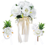 Wedding Bouquets For Bride Bridesmaid With Corsage And Boutonniere Set, 9.45 Inch White Artificial Roses Flowers Bridal Bouquet With Pearl Accents For Wedding Church Decoration Ceremony