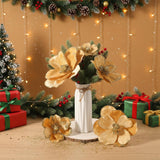 15 Pcs Christmas Magnolia Flowers Ornaments 3.15'' 5.91'' 8.27'' Large Artificial Magnolia Velvet Fold Poinsettia Stems For Christmas Tree Wreath Holiday Decor(Gold)