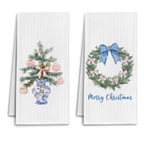 Coquette Bow Chinoiserie Christmas Tree Kitchen Towels, Grandmillennial Xmas Wreath Dish Tea Towels For Kitchen, Blue And Pink Xmas Decorative Hand Towel For Bathroom, 16X24 Inch Set Of 2