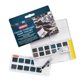 Derwent Tinted Charcoal Paint Pan Set, 12 Paints, Professional Quality, Water Soluble, Blendable, Portable, Includes Palettes, Mini Waterbrush & Cleaning Sponge (2305872)