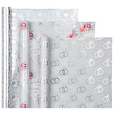 Wedding Wrapping Paper Roll - Mini Roll - 3 Rolls - 17 Inch X 120 Inch Per Roll - Silver Foil Diamond Ring And Floral Design For Celebration, Party, Holiday
