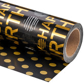 Reversible Birthday Wrapping Paper Roll - Mini Roll - 17 Inch X 16.5 Feet - Black Gold Happy Birthday Wrapping Paper Perfect For Adults Kids Girls Boys, Baby Shower
