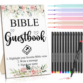 19 Pcs Bible Wedding Guestbook Sign And Pens Set Greenery Wooden Standing Bible Guest Book Sign 6 Highlighters 12 Fine Point Pens For Baby Shower Bridal Shower Party (Flower)