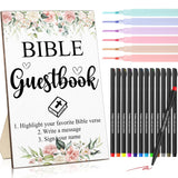 19 Pcs Bible Wedding Guestbook Sign And Pens Set Greenery Wooden Standing Bible Guest Book Sign 6 Highlighters 12 Fine Point Pens For Baby Shower Bridal Shower Party (Flower)