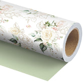 Floral Wedding Wrapping Paper Roll - 17.5 Inches * 33 Ft - Reversible Gift Wrap With Green Solid Back, Perfect For Wedding Bridal Shower Birthday Valentine’S Day
