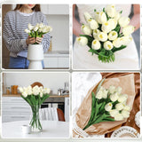 20Pcs Artificial Tulips 14 Inch Real Touch Silk Fake Flowers With Vase For Spring Easter Home Kitchen Wedding Bouquet Bulk Mother'S Day Valentine'S Day Decorations(Cream White)