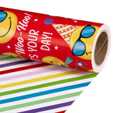 Reversible Funny Birthday Wrapping Paper Roll, Mini Roll, Funny Emoji Party Faces And Red Happy Birthday Design Gift Wrap For Boys Kids, Fun Celebrations, 17 Inches X 16.4 Feet