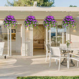 Artificial Hanging Plants Outdoors, Fake Hanging Flowers With Basket, Faux Vine Bougainvillea For Urn Fillers Front Porch Patio Outside Summer Decor (Purple)