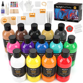 14 Colors 8.45Oz Acrylic Pour Paint Supplies Kit, Large Volume Premixed High Flow Painting Bulk Set With Canvas, Wood Natural Slices, Pouring Oil, Tools Gloves, Strainer, Cups For Beginner Diy