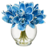 Faux Flowers In Vase 9.3" Cymbidium Orchid Flowers Arrangement With Faux Water Real Touch Flowers For Wedding Table Centerpiece Home Decor, Blue