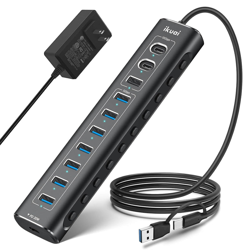 Powered Usb Hub, 11-Port Hybrid Usb 3.2/ Usb C Hub With Pd Charging Port And 6